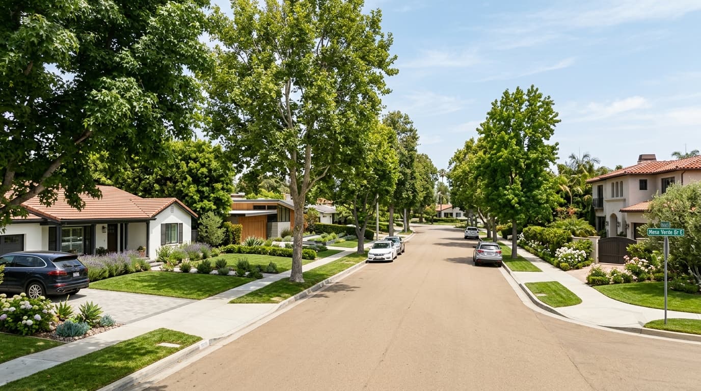 Quiet residential street in Mesa Verde, Costa Mesa with mature trees and well-kept homes
