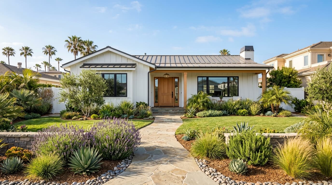 Freshly painted coastal home with landscaped front entry in Huntington Beach
